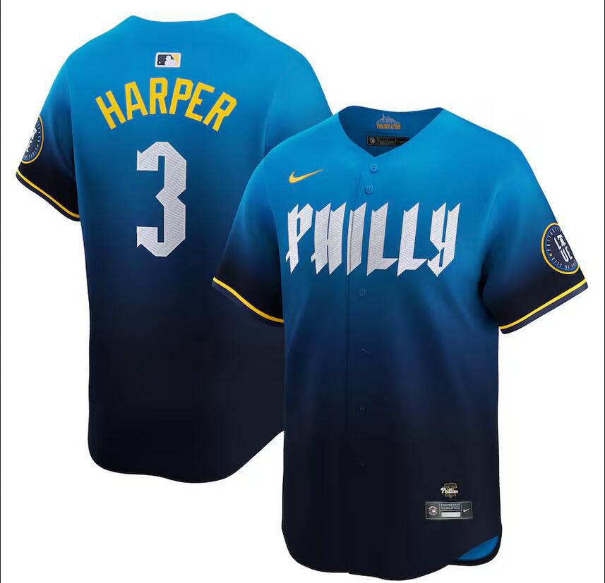 Men Philadelphia Phillies #3 Bryce Harper Nike Blue 2024 City Connect Limited Player Jersey->customized mlb jersey->Custom Jersey